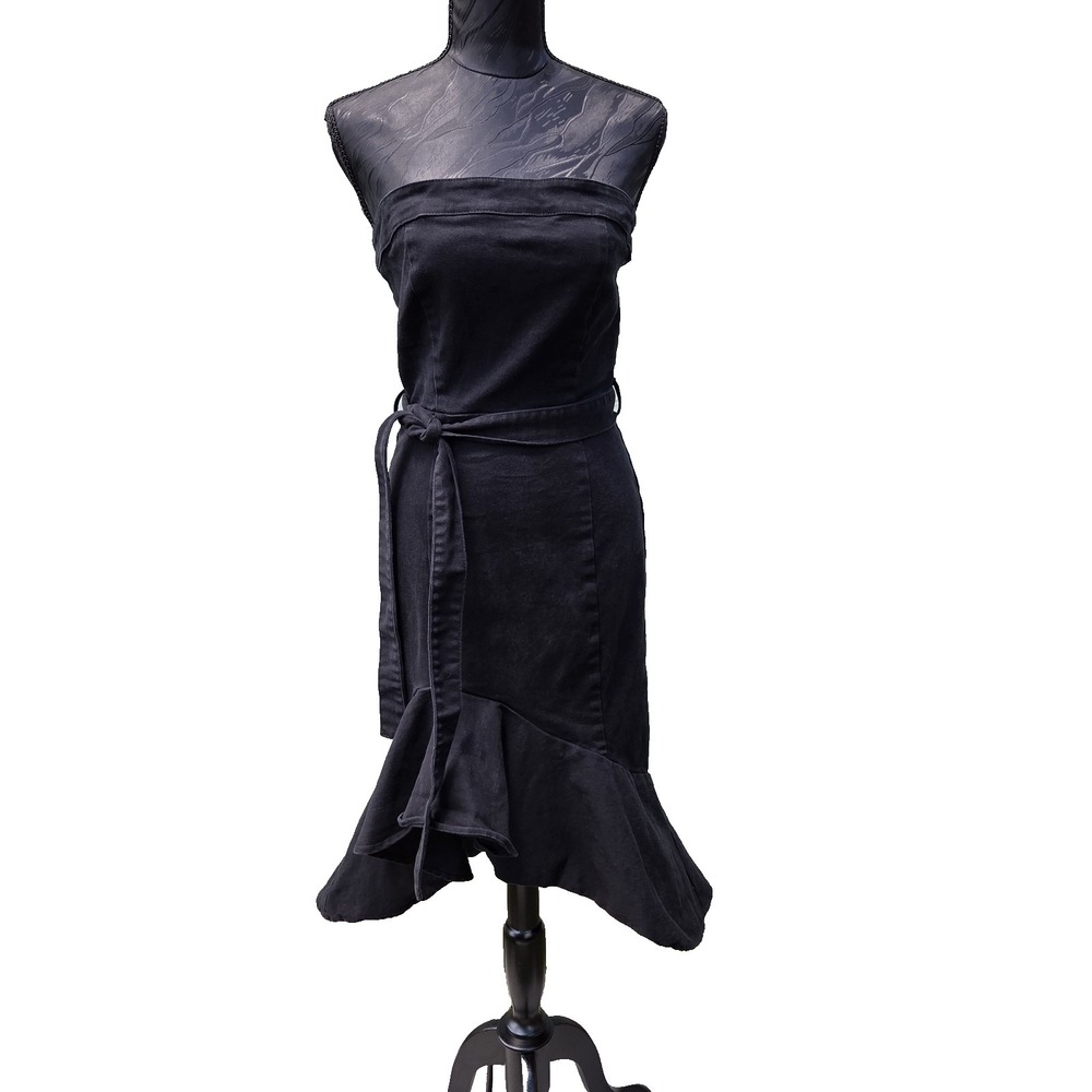 Vici Presentation Strapless Ruffled Hi-Lo Hem Black Denim Midi Dress Large Goth